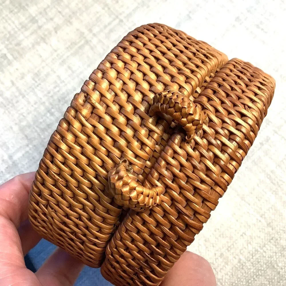 Vintage Bali Basket Round Handwoven Ata Rattan Trinket Box Jewelry with Lid